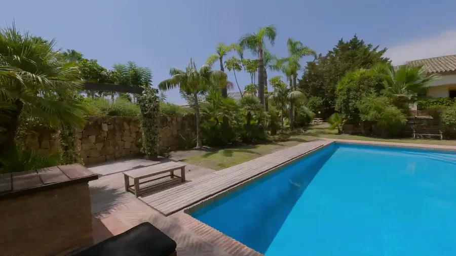 Dark sun loungers beside a still pool, framed by palms and a garden wall.
